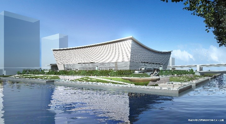 Render que muestra la estructura con tecnología Bridgestone del estadio polideportivo Ariake en Japón
