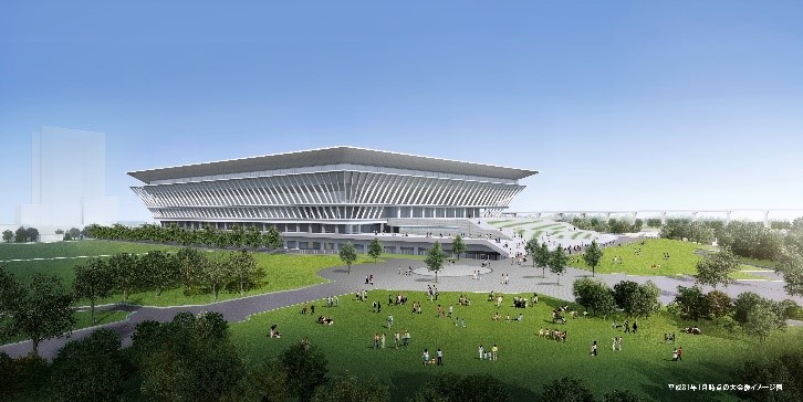 Render del Centro Acuático con tecnología Bridgestone que será usado en las Olimpiadas de Tokio