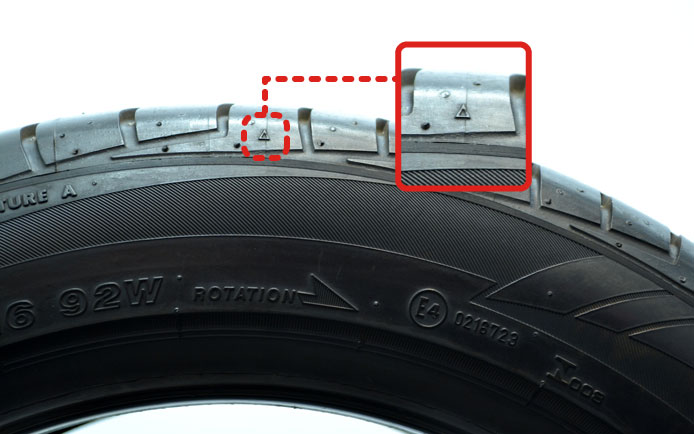 Medida triangular de las cubiertas Bridgestone que señala el desgaste de la goma